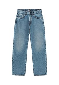 Jeans in denim azzurro chiaro con una vestibilità rilassata, gambe dritte, cinque tasche e una vita con un bottone con marchio. Presenti delle aree sbiadite.