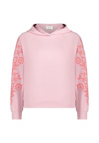 Felpa rosa chiaro con maniche lunghe, caratterizzata da un ricamo floreale corallo lungo le braccia, polsini a coste e colletto con cappuccio.