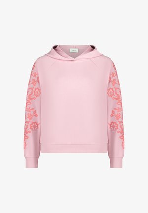 Helles rosa Kapuzenshirt mit langen Ärmeln, verziert mit korallefarbenen Blumenstickereien entlang der Ärmel, gerippten Bündchen und einem Kapuzenkragen.