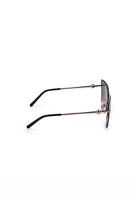 Lunettes de soleil élégantes à monture noire avec branches fines en métal doré et plaquettes de nez, vues de côté sur fond blanc.