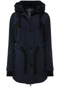 Marinblå regnjacka med huva, som har ett mjukt innerfoder, dragsko i midjan, svarta detaljer och flera fickor med dragkedjor.