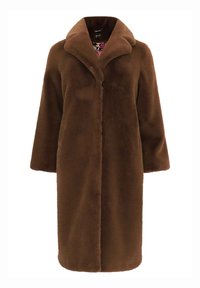 Brun fake fur-frakke med en bred krave, lange ærmer og en enkelt knaplukning. Foringen har et blomsterprint.