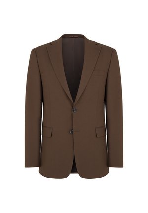 Brązowa marynarka szyta na miarę, wykonana z gładkiego materiału, z jednorzędowym zapinaniem, klapami typu notched, dwiema przednimi kieszeniami i dwoma guzikami.