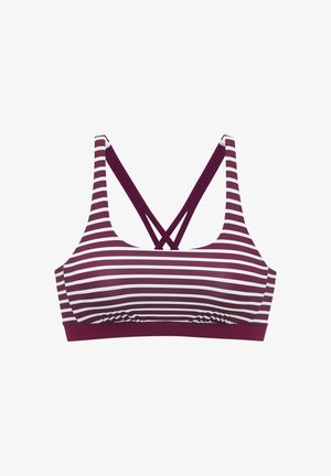 Gestreifter Sport-BH mit weißen und dunkelroten horizontalen Linien und gekreuzten dunkelroten Trägern auf der Rückseite.