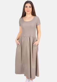 Beige Kleid aus Baumwollmischung mit kurzen Ärmeln, einem runden Ausschnitt und einem fließenden Rock mit seitlichen Taschen. Glatte Textur und lockere Passform.