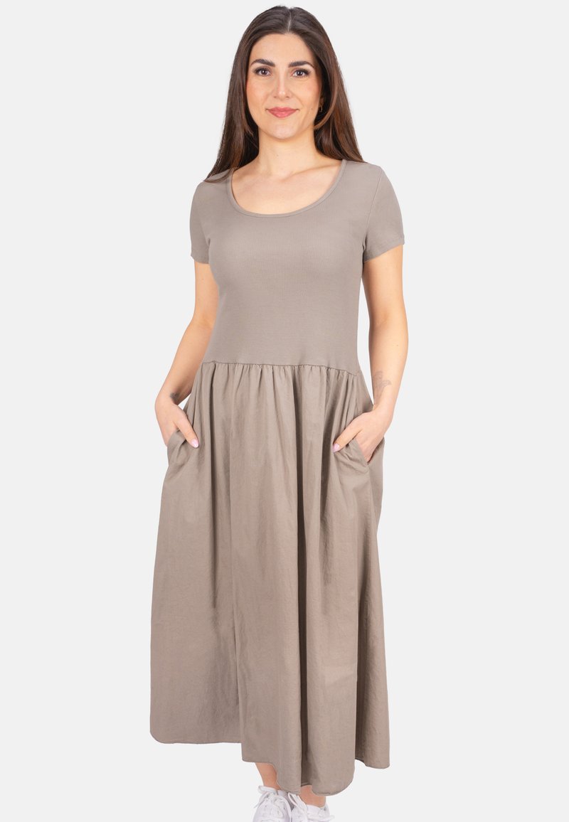 Beige Kleid aus Baumwollmischung mit kurzen Ärmeln, einem runden Ausschnitt und einem fließenden Rock mit seitlichen Taschen. Glatte Textur und lockere Passform.