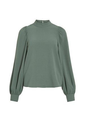 Kurzärmlige Bluse mit hohem Kragen in gedämpftem Grün. Sie hat puffige Ärmel und einen strukturierten Stoff sowie einen Reißverschluss hinten zur Verschluss.
