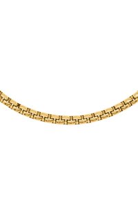 Collier en chaîne dorée avec des maillons entrelacés, présentant une finition lisse et polie. Le design est plat et uniforme en forme.