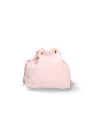 Borsa in cotone rosa con cordoncino, occhielli dorati, texture morbida, forma arrotondata e parte superiore arricciata, ideale per un uso casual.