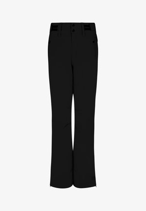 Black ski pants with a straight cut, made from water-resistant material. Features include two front pockets and zippered openings at the ankles.