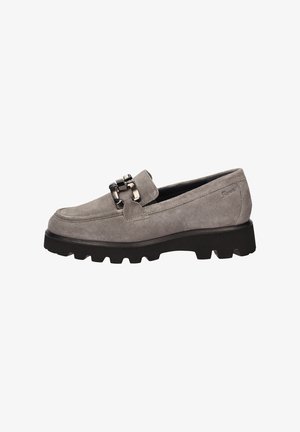 Gray suede loafer with chunky black sole and silver metal buckle detail on top, side view on white background.