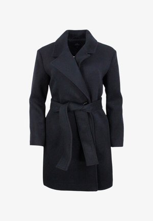 Cappotto in misto lana nero con collo a rever, vita accentuata da una cintura e maniche lunghe. Presenta una chiusura doppiopetto e una texture liscia.