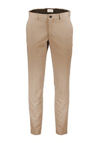 Beige Anzughose mit schmaler Passform, ausgestattet mit einem Knopfverschluss und einer glatten Struktur. Maßgeschneidertes Design ohne sichtbare Muster oder Verzierungen.