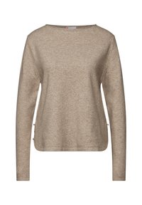 Beige langærmet sweater med rund hals, blød tekstur og knapdetaljer på venstre side. Lige snit med en let buet kant.