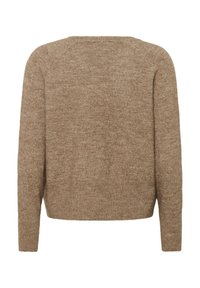 Pull en tricot beige avec une texture douce, un col rond et des manches longues ; présente une coupe décontractée et un ourlet côtelé. Vue de dos présentée.