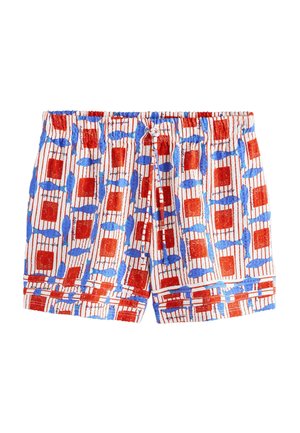 Pantaloni scurți pentru copii cu model roșu, alb și albastru, cu pești albaștri și dreptunghiuri roșii pe un fundal cu dungi.