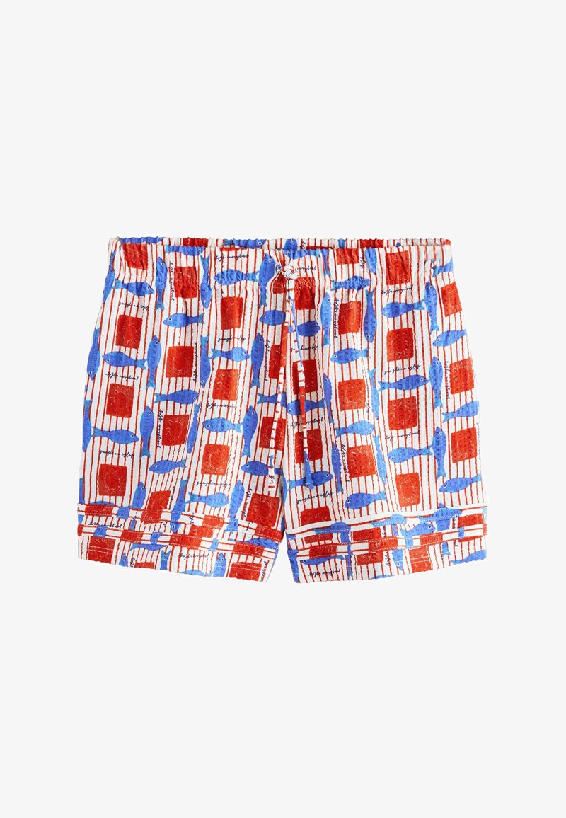 Short pour enfants avec un motif rouge, blanc et bleu comprenant des poissons bleus et des rectangles rouges sur un fond rayé.
