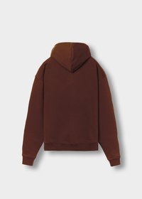 Brauner Baumwoll-Hoodie mit einer Kordelzugkapuze, überschnittenen Schultern und gerippten Bündchen sowie Saum. Weiche Textur in einfarbig, ohne Muster oder Akzente.
