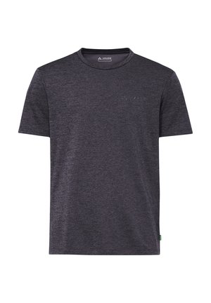 Dunkelgraues T-Shirt mit kurzen Ärmeln und Rundhalsausschnitt, dezent strukturiert, mit kleinem Logo auf der linken Brust, Vorderansicht.