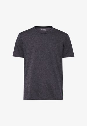 Dunkelgraues T-Shirt mit kurzen Ärmeln und Rundhalsausschnitt, dezent strukturiert, mit kleinem Logo auf der linken Brust, Vorderansicht.