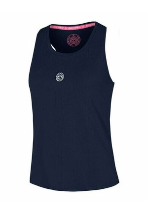 Canotta atletica senza maniche blu navy con scollo rotondo e piccolo logo circolare bianco centrato sul petto.