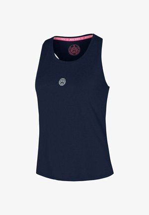 Navy blauwe, mouwloze sporttanktop met ronde hals en een klein wit rond logo in het midden van de borst.