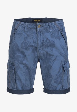 Blå cargo shorts med blomsterprint, rullet kant, sidelommer og knappelukking. Laget av lett stoff.