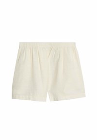 Lichtbeige shorts met een elastische tailleband, plooien aan de voorkant en een gladde textuur. Klassiek ontwerp zonder zichtbare patronen of versieringen.