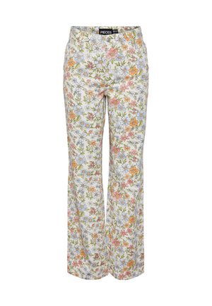 Cvjetne hlače s bijelom pozadinom, višebojnim cvjetovima u narančastoj, ružičastoj i plavoj boji, ravnog kroja i blagom teksturom.