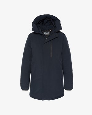 Mørkeblå polstret vinterjakke med hætte, frontlynlås, brystlomme med lynlås og Schott mærke indeni kraven.