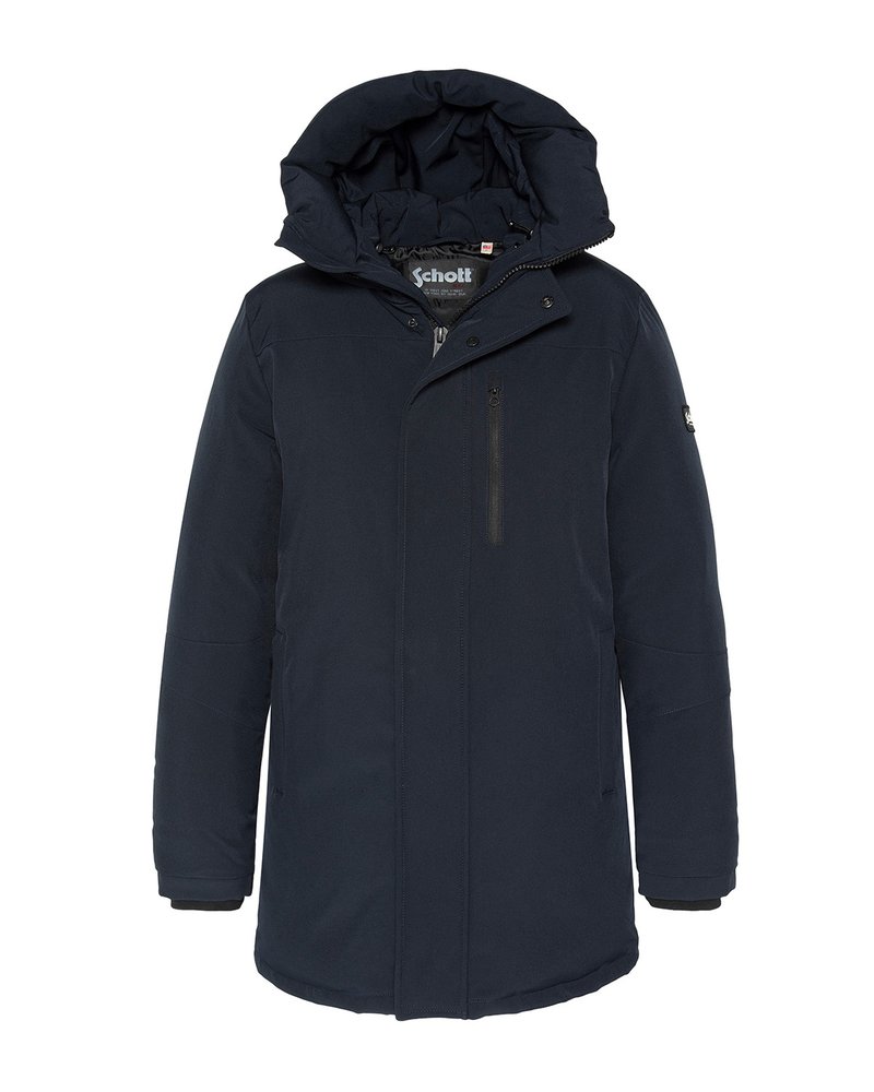 Abrigo de invierno acolchado en azul marino con capucha, cremallera frontal, bolsillo con cremallera en el pecho y etiqueta de la marca Schott en el interior del cuello.