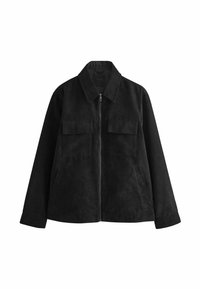 Schwarze Wildlederjacke mit Reißverschluss vorne, spitzem Kragen, zwei Brusttaschen, Seitentaschen und langen Ärmeln. Weicher Stoff, taillierter Schnitt.