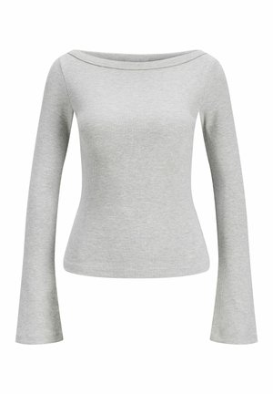 Top a manica lunga a coste grigio chiaro con ampio scollo a barca e maniche leggermente svasate, aderente in vita.