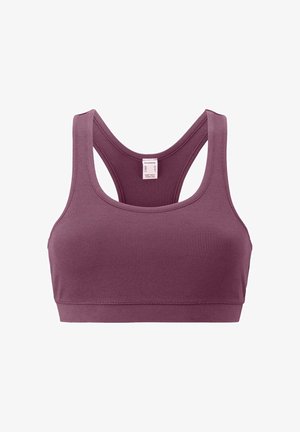 Geripptes Sport-BH in tiefem Mauve mit Racerback-Design, weichem Material und breiten Trägern. Pflegeetikett innen eingenäht.