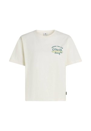 T-shirt en coton crème clair avec un col rond, des manches courtes, et un motif texte couleur sarcelle avec les accents "UNDER THE SUN" et "O’Neill Surf".