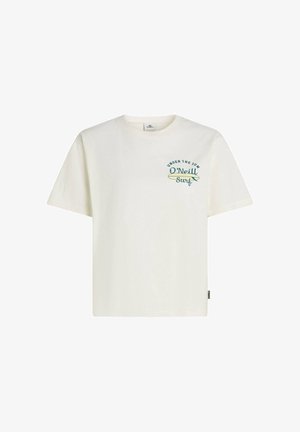 T-shirt en coton crème clair avec un col rond, des manches courtes, et un motif texte couleur sarcelle avec les accents "UNDER THE SUN" et "O’Neill Surf".