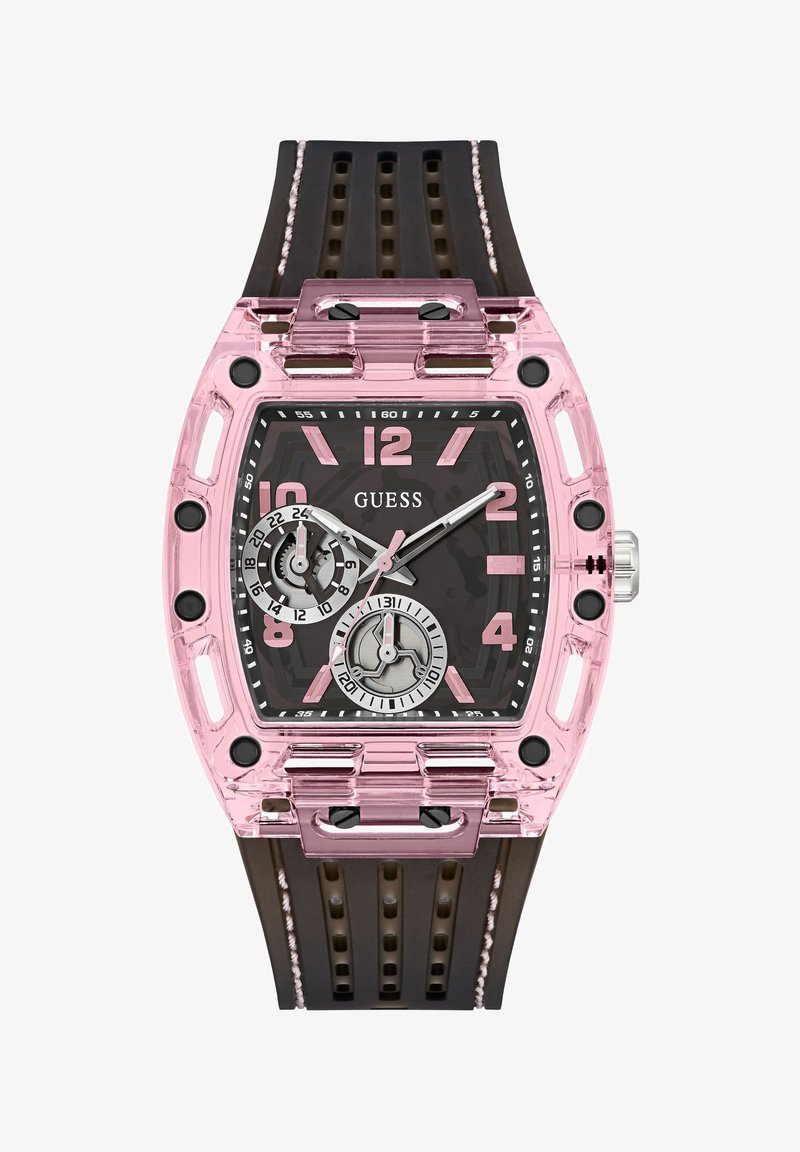 Relógio rosa transparente com caixa retangular, mostrador preto, marcadores de números grandes e uma bracelete de borracha castanha com recortes. Apresenta dois submostradores.