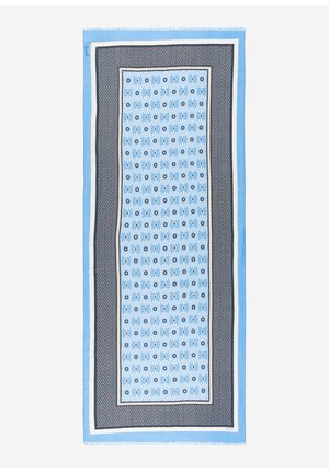 Rechteckiger blauer Schal mit sich wiederholenden weißen und marineblauen Blumenmustern und geometrischem Rand, versehen mit kleinen Fransen an den kürzeren Kanten.