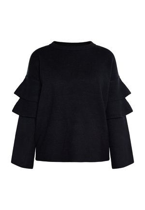 Czarny sweter robiony na drutach z okrągłym dekoltem, z warstwowym wykończeniem w postaci falbanek na rękawach oraz luźnym krojem.