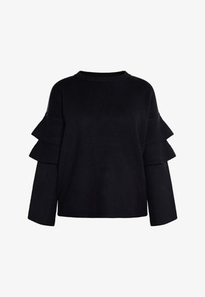 Zwarte gebreide trui met een ronde hals, voorzien van gelaagde rimpelaccenten op de mouwen en een ontspannen pasvorm.