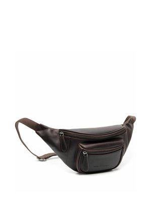 Riñonera de cuero marrón oscuro con dos compartimentos con cremallera y correa de tela ajustable sobre fondo blanco.