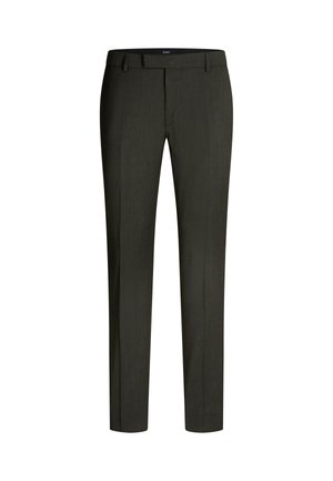 Dark green tailored trousers, made from a smooth fabric with a subtle texture. Features a waistband with belt loops and straight-cut legs.