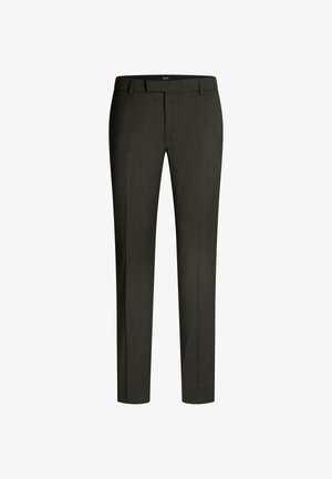 Dark green tailored trousers, made from a smooth fabric with a subtle texture. Features a waistband with belt loops and straight-cut legs.