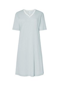 Vestido de noche corto de manga corta azul claro con escote en V, patrón texturizado de chevrón y un escote con encaje. Diseño holgado y de longitud hasta la rodilla.