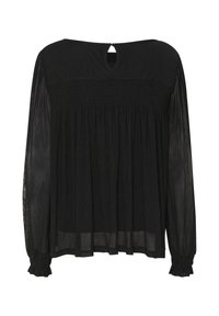 Blouse noire à manches longues avec un corsage smocké, un dos avec ouverture en forme de goutte et des poignets froncés. Tissu léger et transparent avec un design fluide.