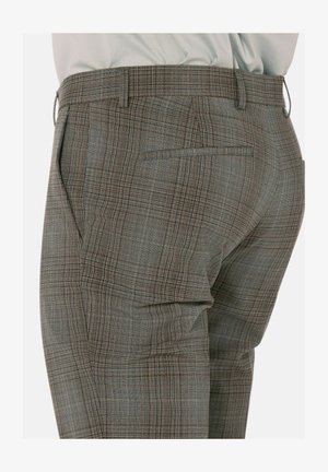 Grijs geruite broek met een subtiel ruitpatroon, met een vlakke voorkant, twee achterzakken en een gladde textuur.