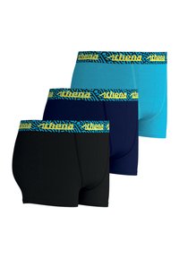 Trois paires de boxer : noir, bleu marine et bleu clair, avec une ceinture à motifs portant le mot "athena" en lettres jaunes.