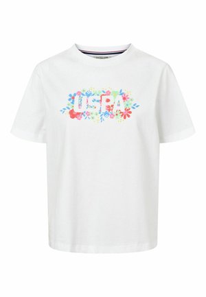 Hvit bomull t-skjorte med et fargerikt blomsterdesign med "USPA" i midten. Korte ermer, rund hals og avslappet passform.