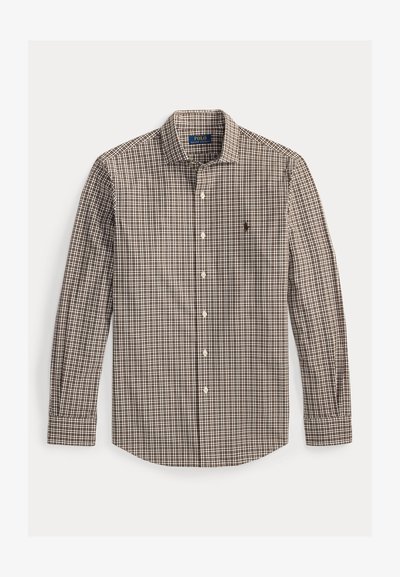 Brūna un balta pārbaudīta garām piedurknēm krekls ar pogājamu apkakli, ar nelielu logotipu kreisajā krūtīs un pogājamiem aprocēm.