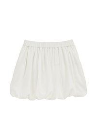 White, pleated mini skirt with an elastic waistband, featuring a smooth, lightweight fabric and a soft, gathered texture.